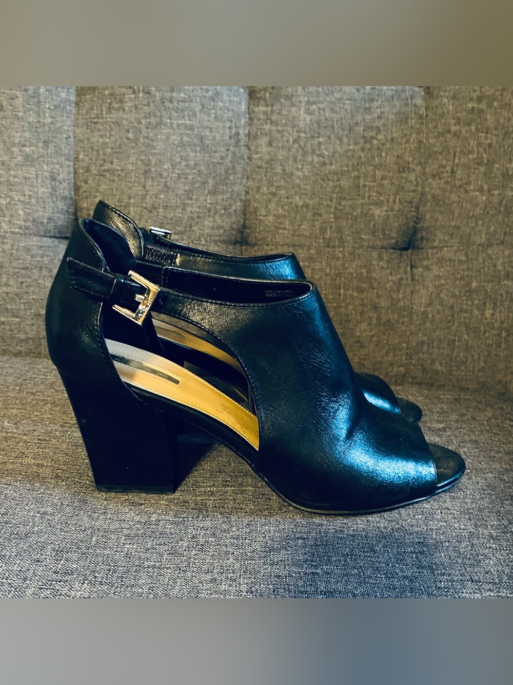 Tahari leather cut-out Black Peep-Toe Block Heel Sandals